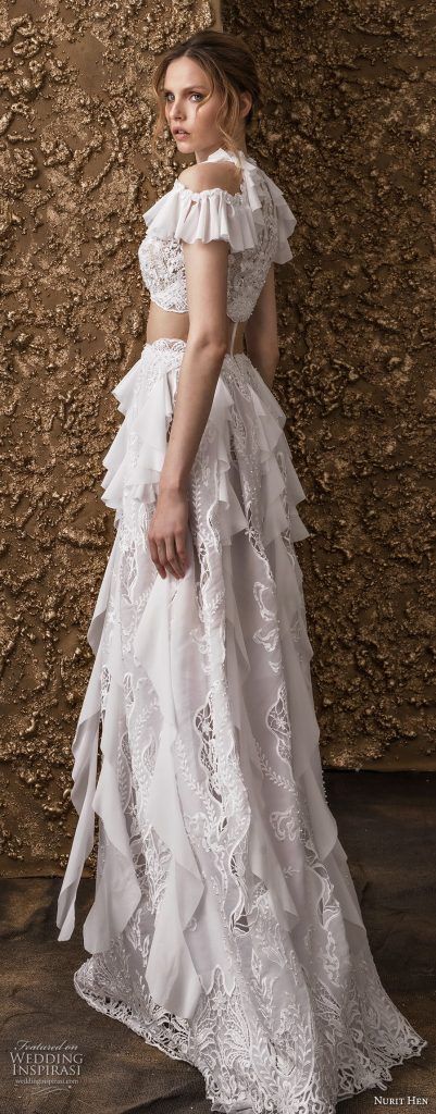 nurit hen 2018 bridal cold shoulder short sleeves high jewel neck full embellishment crop top bohemian modified a line wedding dress covered lace back sweep train 12 bv