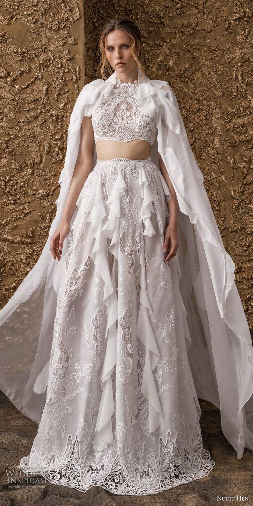nurit hen 2018 bridal cold shoulder short sleeves high jewel neck full embellishment crop top bohemian modified a line wedding dress covered lace back sweep train 12 mv