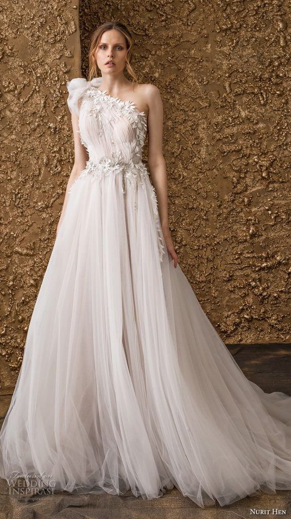 nurit hen 2018 bridal one shoulder ruched bodice tulle skirt romantic soft a line wedding dress chapel train 3 mv