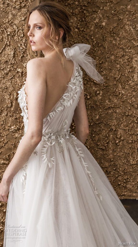 nurit hen 2018 bridal one shoulder ruched bodice tulle skirt romantic soft a line wedding dress chapel train 3 zbv