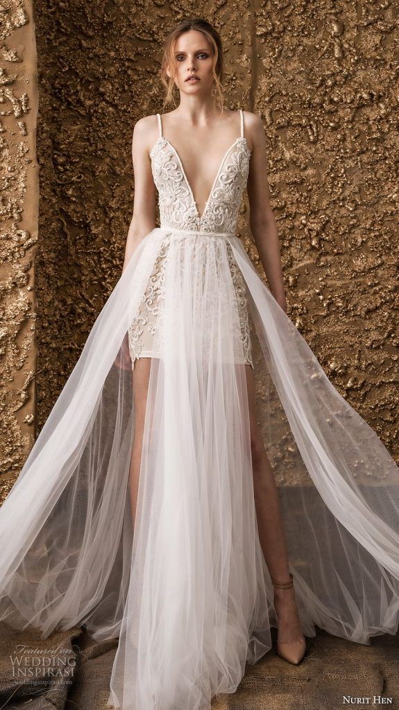 nurit hen 2018 bridal spaghetti strap deep v neck full embellishment modern romantic short wedding dress a line overskirt open back sweep train 16 mv