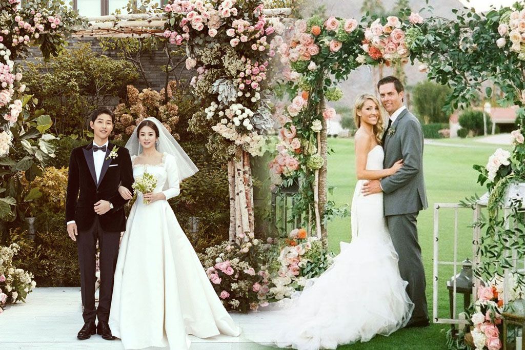 ไอเดียซุ้มดอกไม้แต่งงานแบบงานแต่งซงจุงกิ ดอกไม้จริงเน้นธรรมชาติยังสวยหวานไม่มีเอาท์