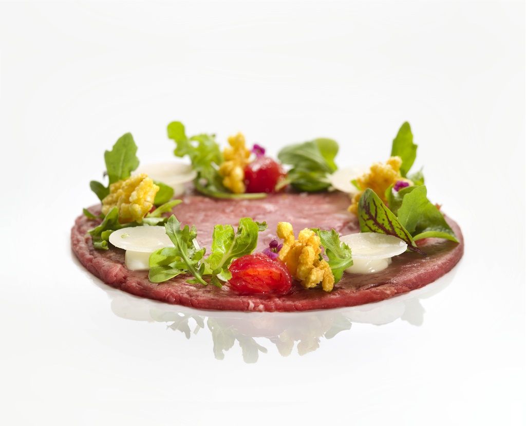 Fassona beef carpaccio Parmigiano Reggiano cheese summer salad