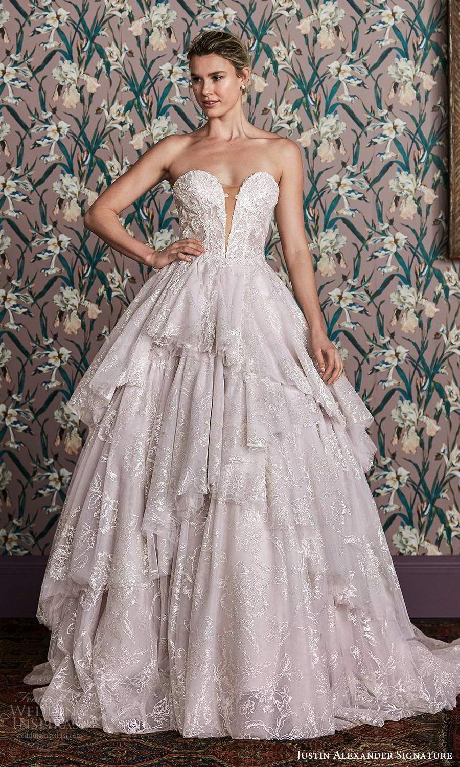 justin alexander spring 2021 bridal strapless sweetheart neckline fully embellished a line ball gown wedding dress chapel train blush 1 mv