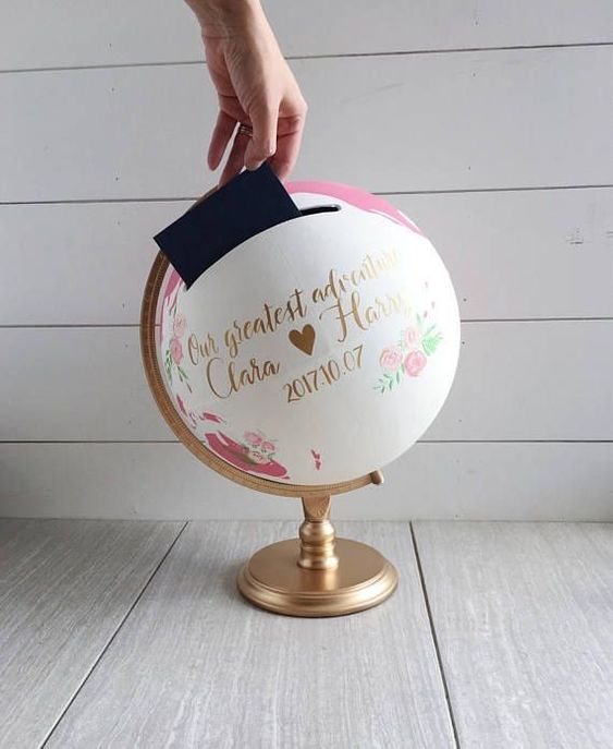 คุมธีมงานแต่งของคู่รักนักท่องเที่ยวด้วยไอเดียกล่องใส่ซองงานแต่งทำเองรูปโลก -2