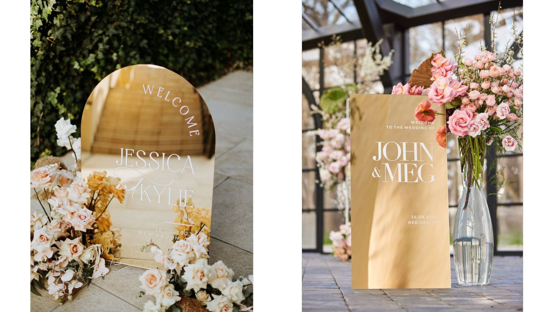 ป้าย welcome งานแต่งทำจากกระจกแวววาวสีทอง ตั้งไว้มุมไหนก็สวย