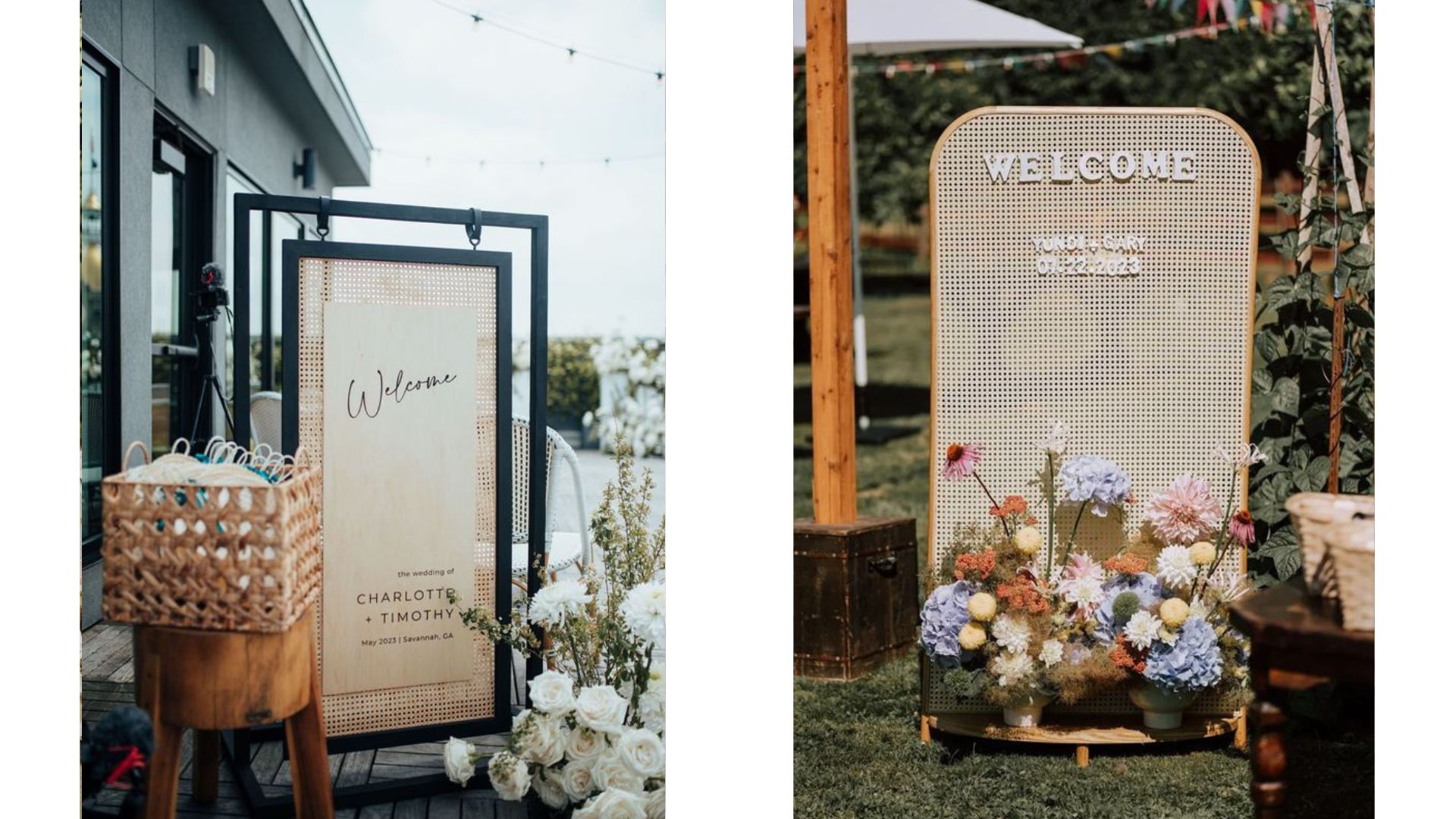 ป้าย welcome งานแต่งสไตล์รัสติกจากไม้หวาย นำมาสานเป็นพื้นหลัง ตกแต่งให้สวยงามได้ง่าย ๆ