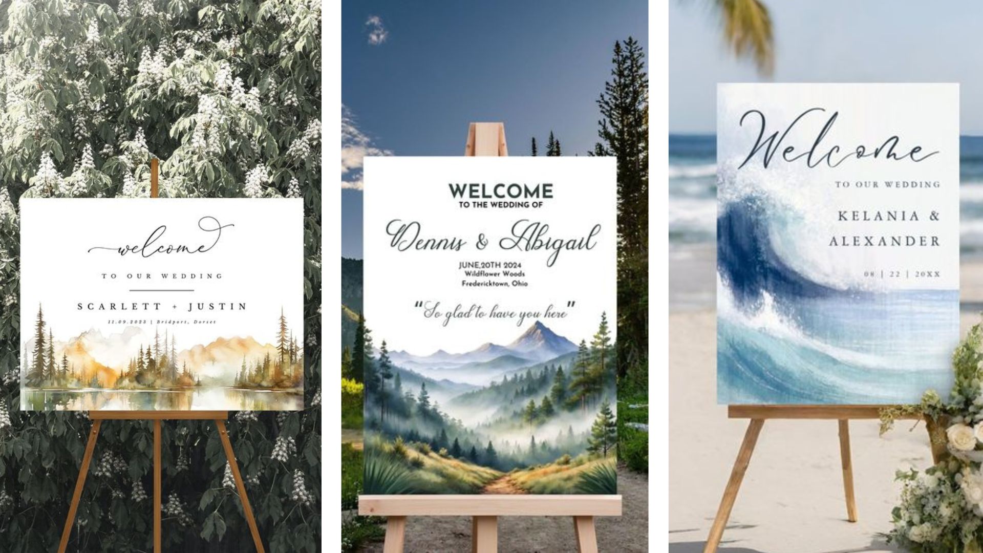 ป้าย welcome งานแต่งจากการออกแบบให้กลมกลืนตามพื้นหลังหรือสถานที่จัดงานแต่ง