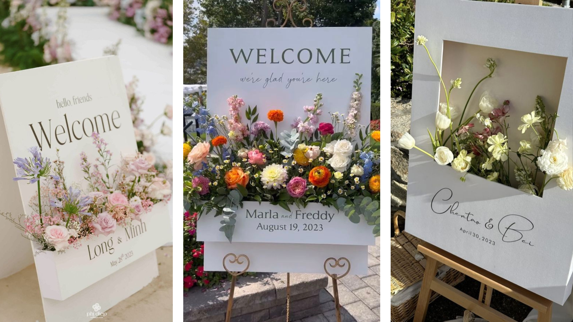 เพิ่มความมีมิติให้ป้าย welcome งานแต่งด้วยการแบบเป็นกล่องใส่ดอกไม้ สวยสะดุดตาสุด ๆ