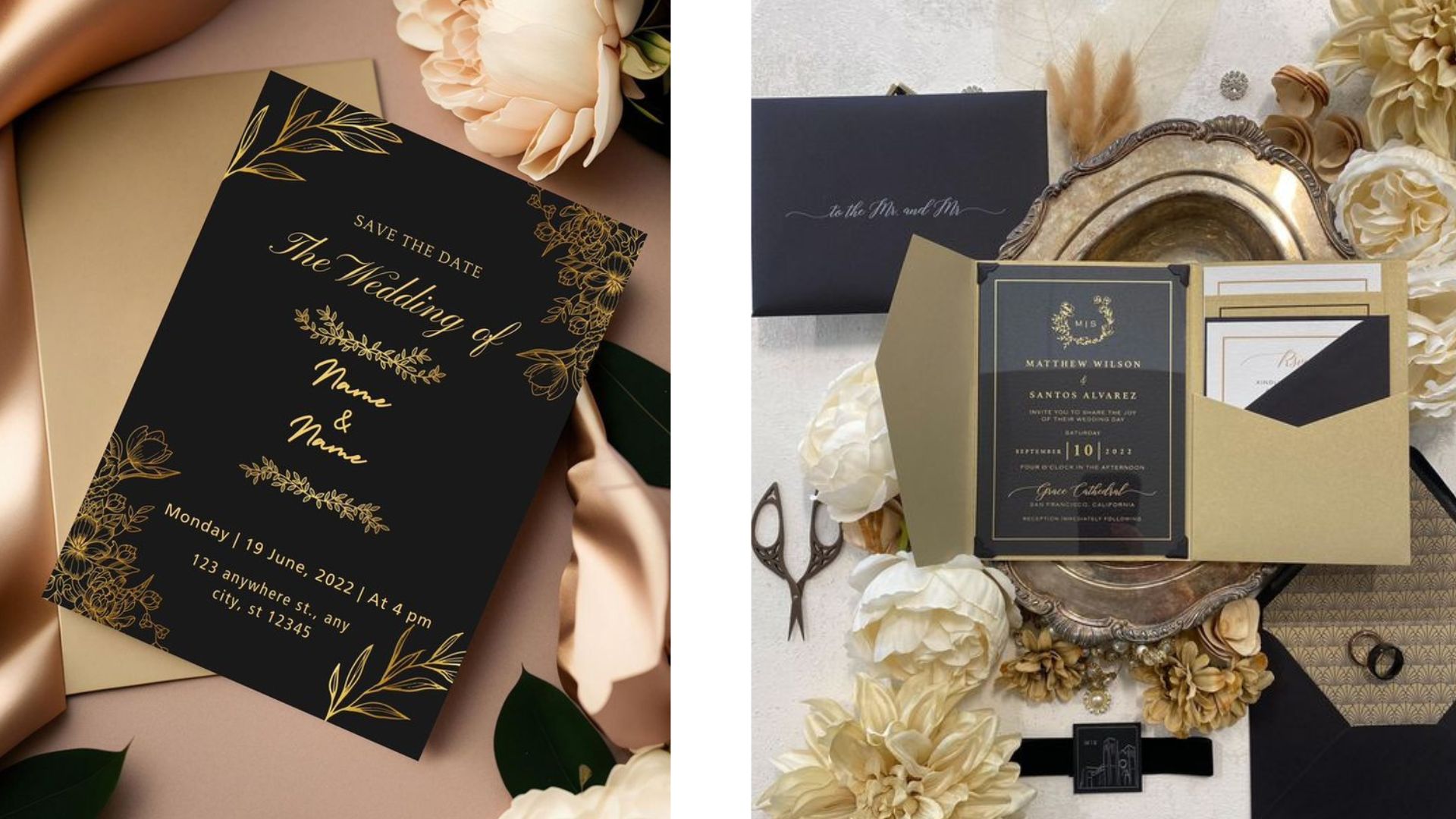 การ์ดแต่งงานสีดำตัดขอบด้วยฟอยล์สีทอง สวยหรูดูคลาสสิก