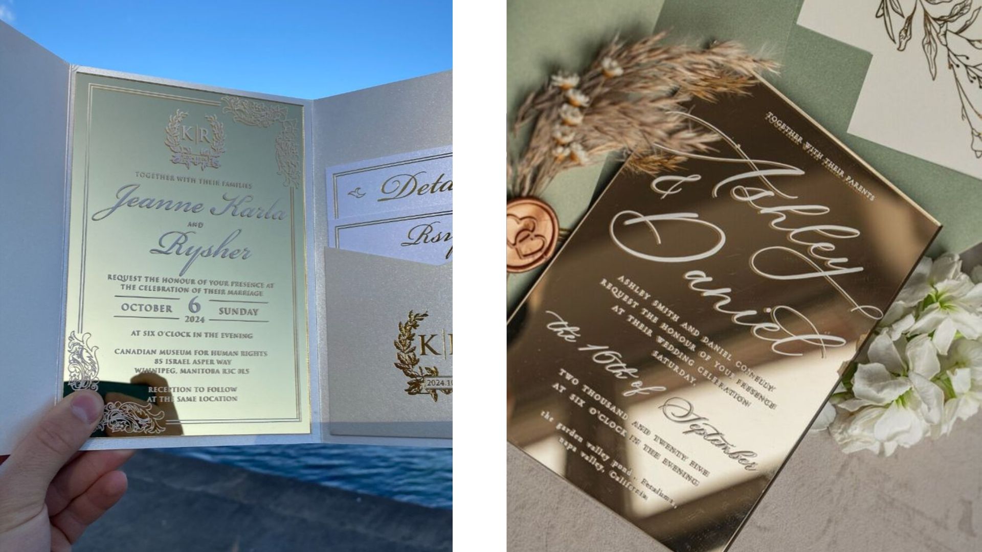 การ์ดแต่งงานเรียบหรูแบบกระจกสีทองเคลือบเงา