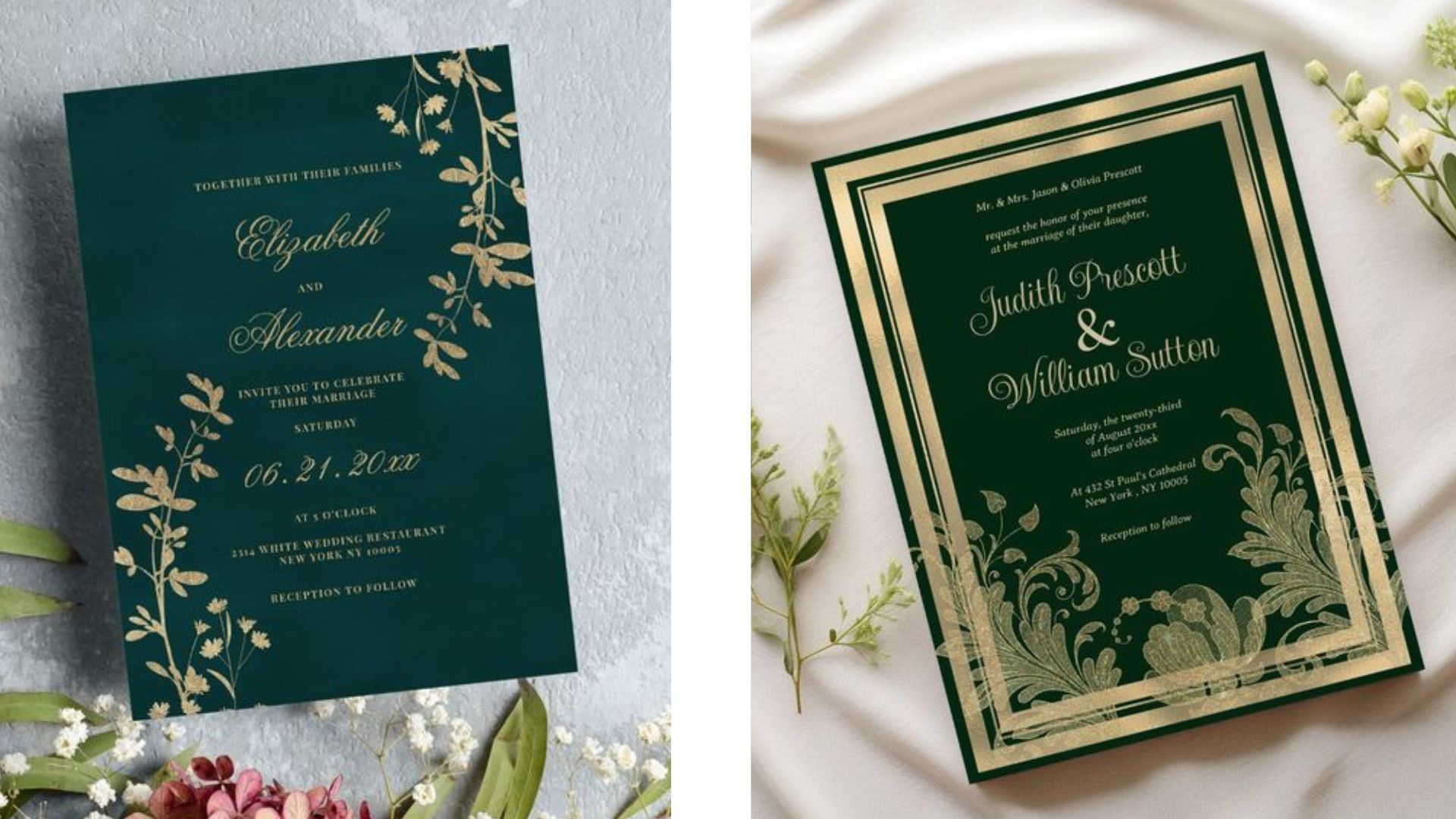 ไอเดียแบบการ์ดแต่งงานเรียบหรูด้วยสีเขียวและสีทองตัดขอบ