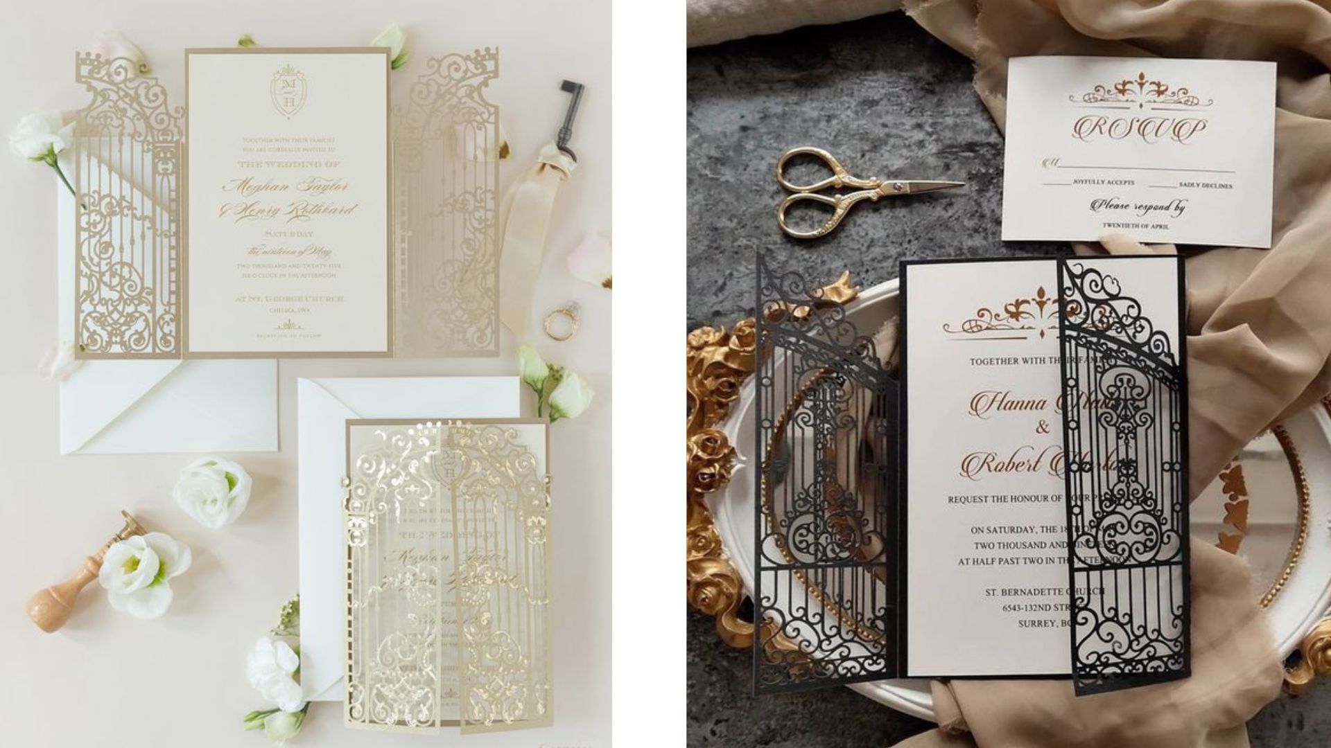 แบบการ์ดแต่งงานเรียบหรูที่ใช้เลเซอร์คัทเป็นรูปประตู สวยงามและความหมายดี