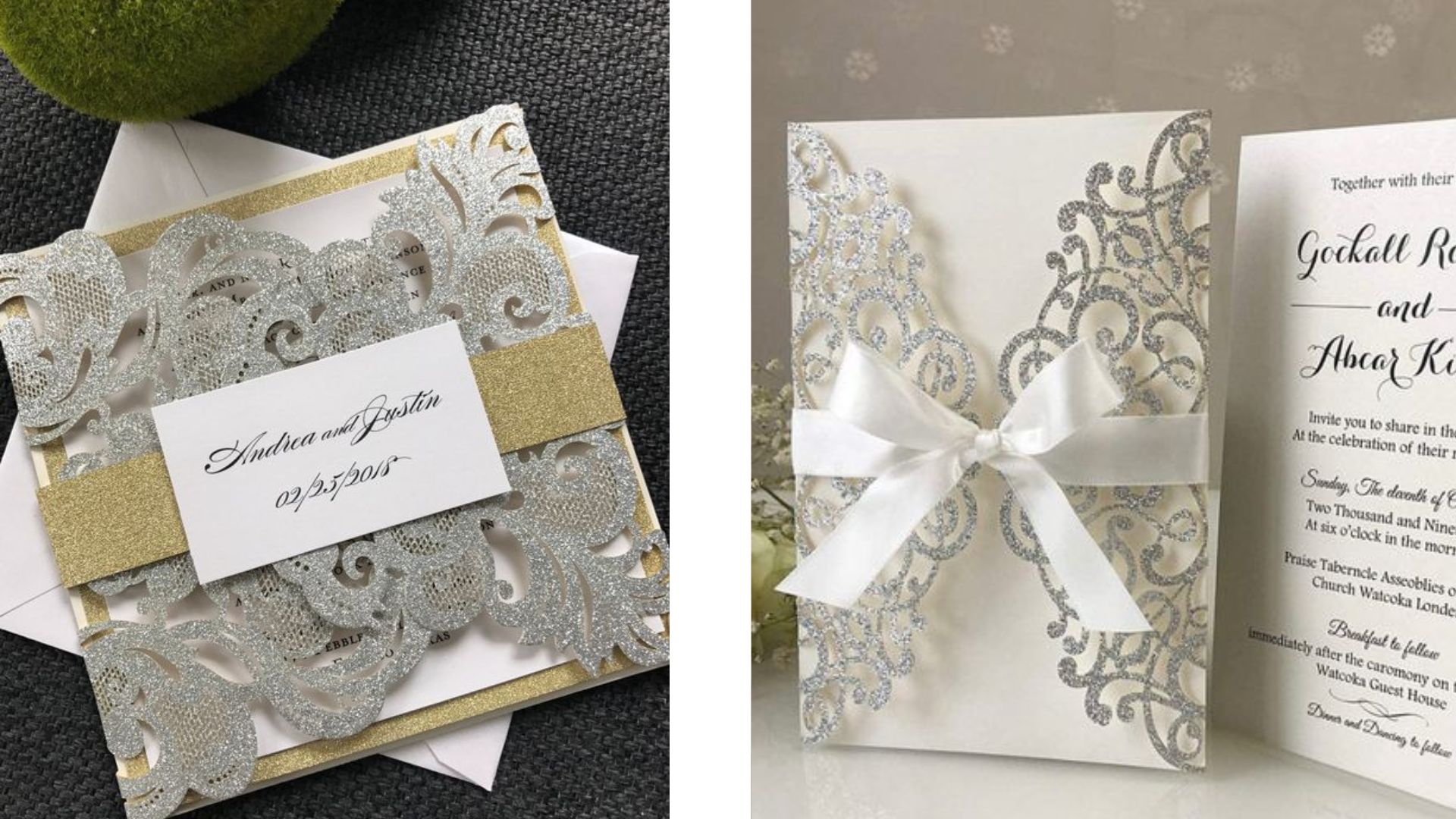 การ์ดแต่งงานดีไซน์หรูหรา เลเซอร์คัทตามลวดลายที่ชอบและตกแต่งด้วยกลิตเตอร์สีเงิน