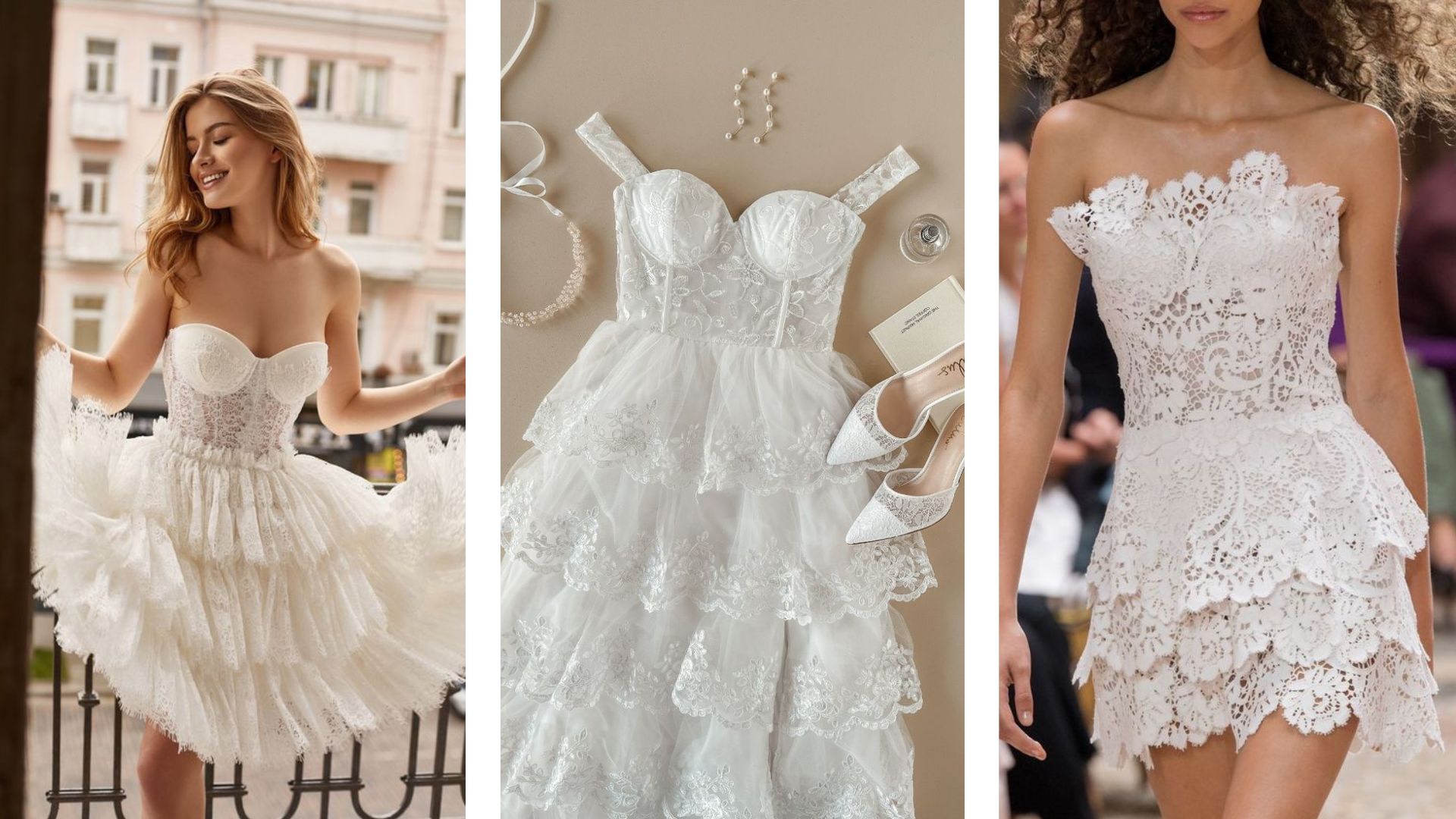 ชุดแต่งงานสั้นผ้าลูกไม้หลายชั้น