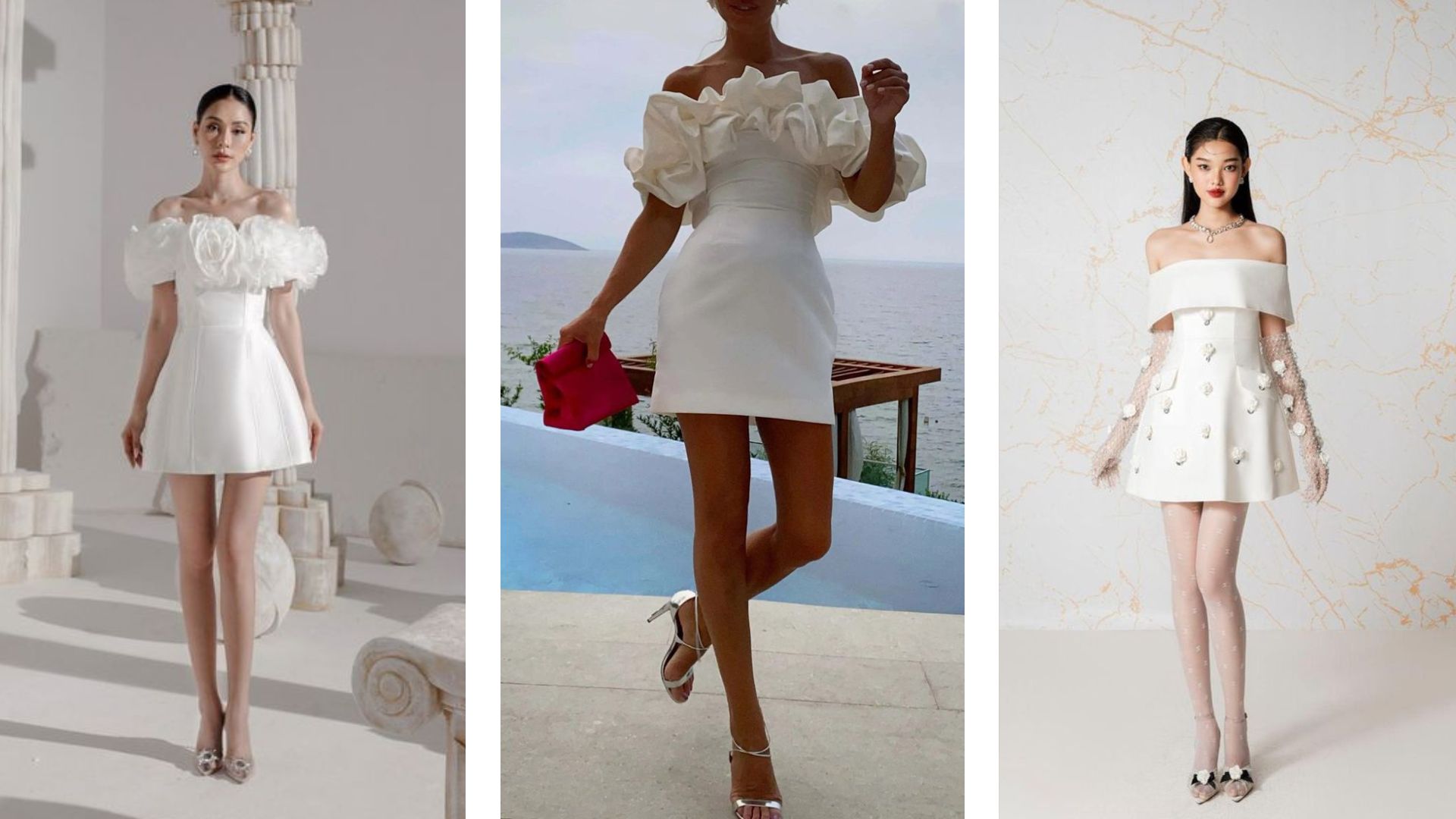 ชุดเจ้าสาวแบบสั้นเก๋ ๆ แบบเปิดไหล่