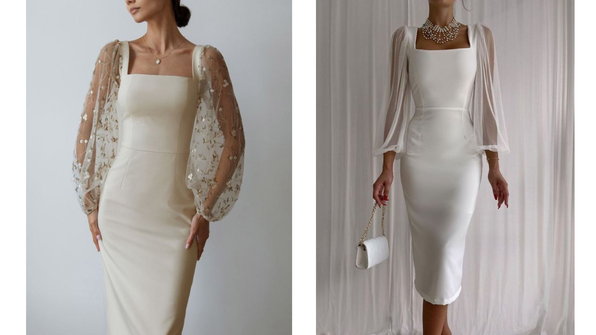 ชุดแต่งงานสั้นมินิมอลคอเหลี่ยม แขนชีฟอง