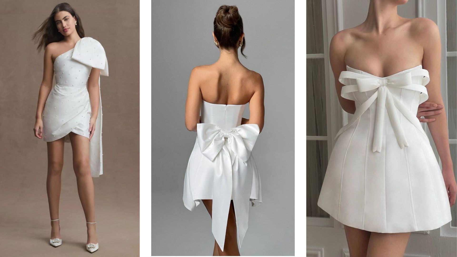 ชุดแต่งงานสั้นเรียบ ๆ ตกแต่งด้วยโบว์