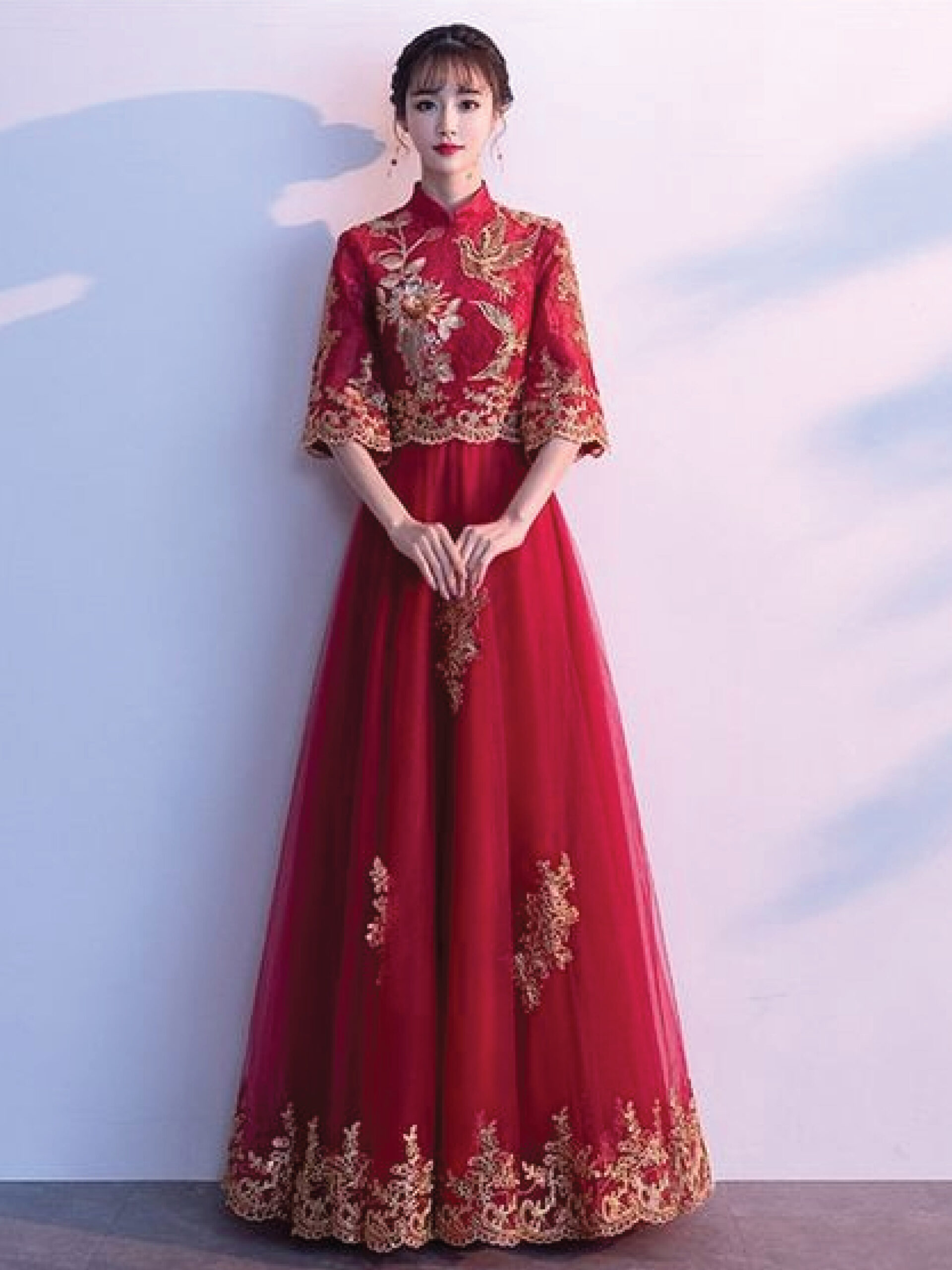 ชุดแต่งงานคนจีนแขนยาว สีแดง