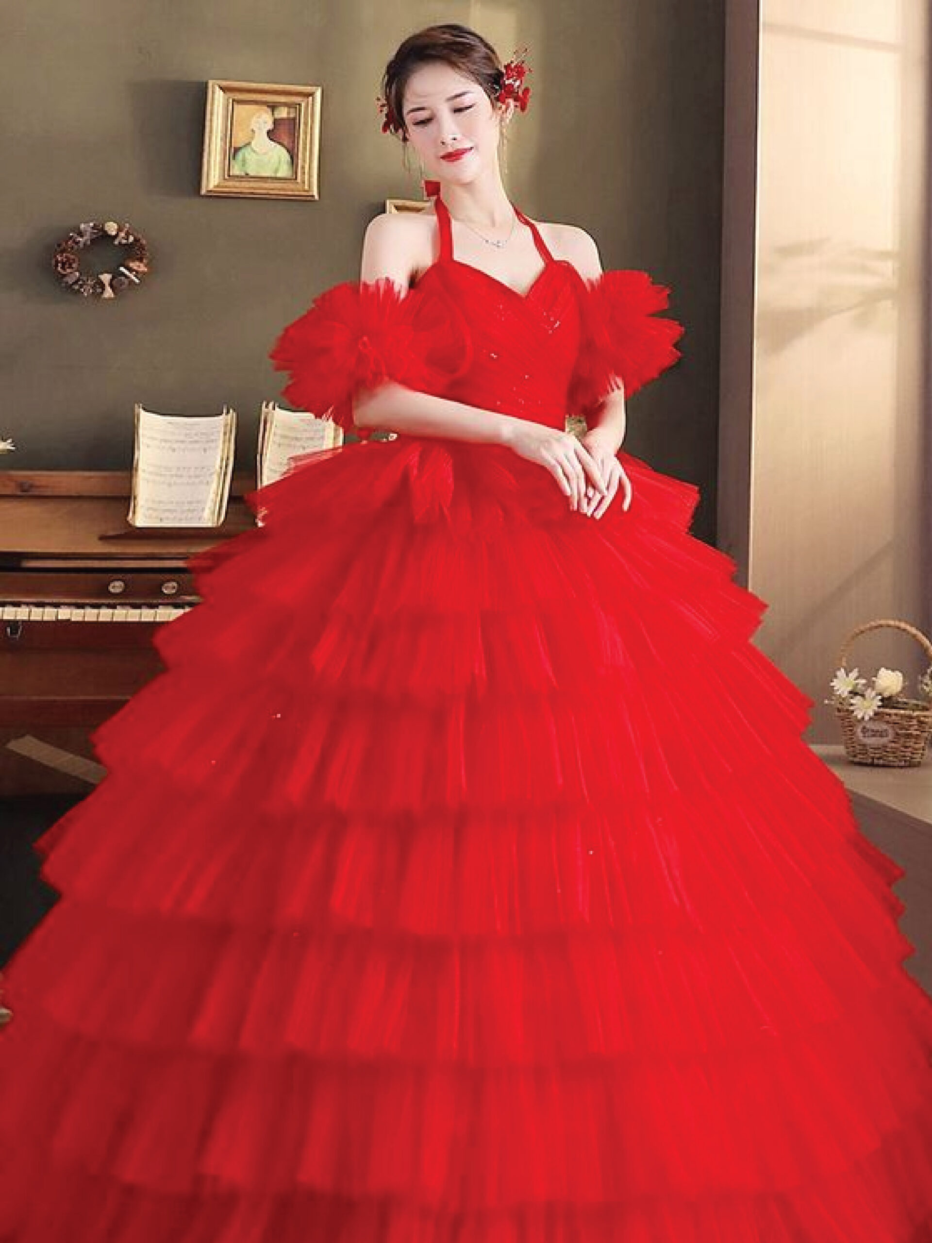 ชุดเจ้าสาวสีแดงกระโปรงชีฟอง