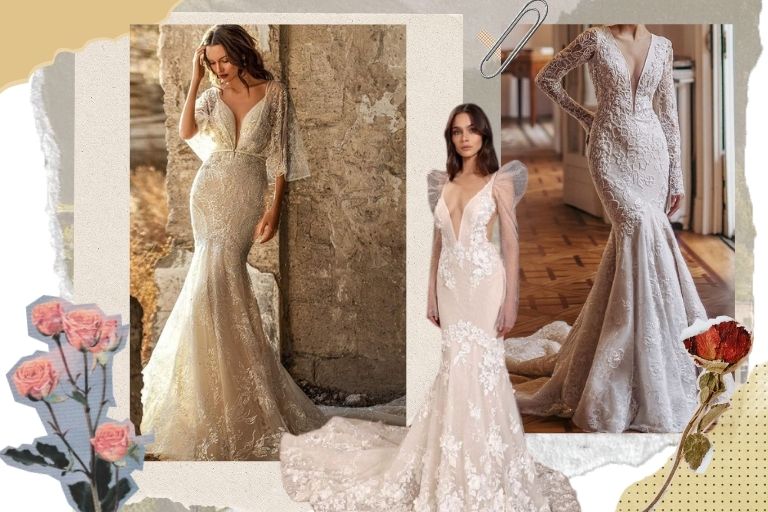 ชุดแต่งงานหางปลาแบบผ่าด้านหน้า ทรงคอวี
