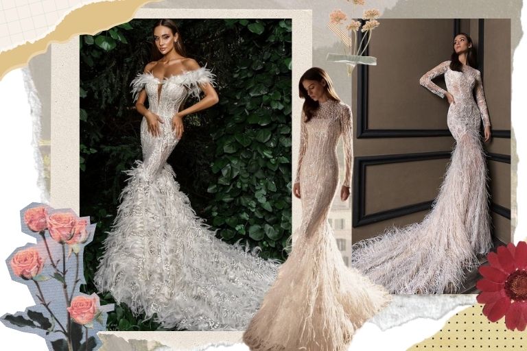  ชุดแต่งงานหางปลาตกแต่งด้วยขนนก  
