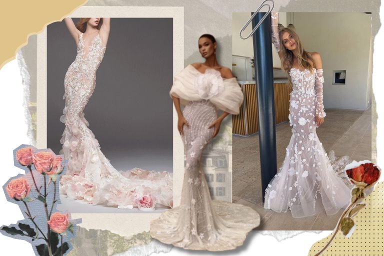  ชุดแต่งงานหางปลาตกแต่งด้วยดอกไม้
