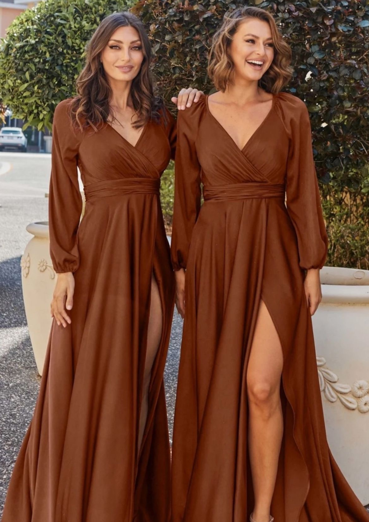 ชุดไปงานแต่งงานสีน้ำตาลเพื่อนเจ้าสาวแบบแขนยาว