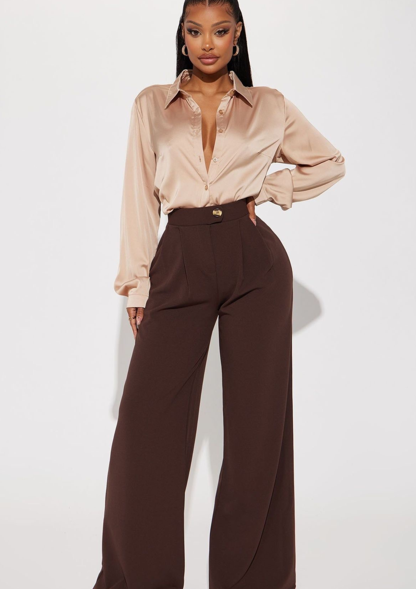 ชุดไปงานแต่งงานสีน้ำตาลเสื้อเชิ้ตแมทช์สีทูโทน