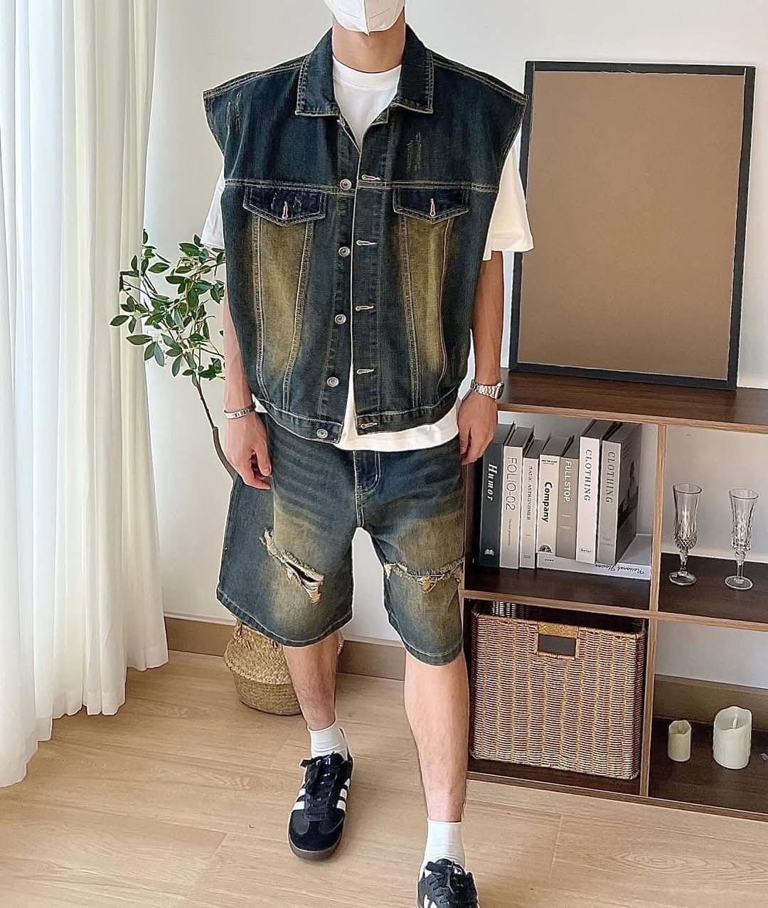 ชุดไปงานแต่งริมทะเลผู้ชายชุดยีนส์สายวินเทจ