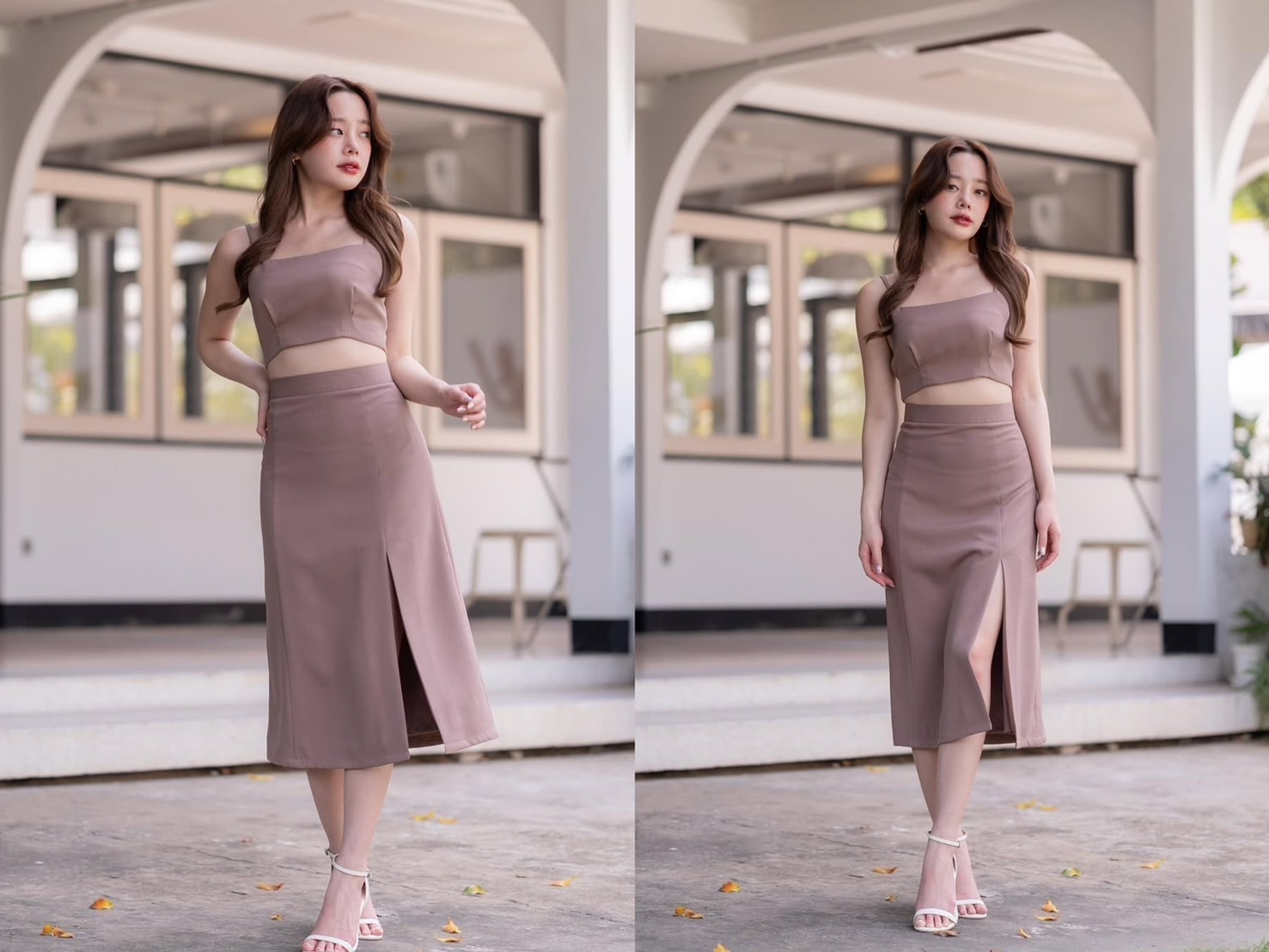 ชุดไปงานแต่งริมทะเลสีน้ำตาลแบบชุดเซ็ท