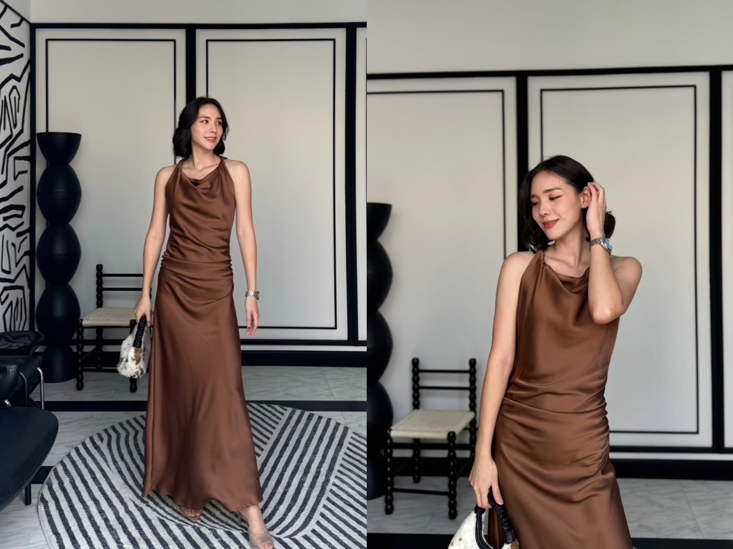 ชุดไปงานแต่งริมทะเลเดรสซาตินกระโปรงทรงปล่อย