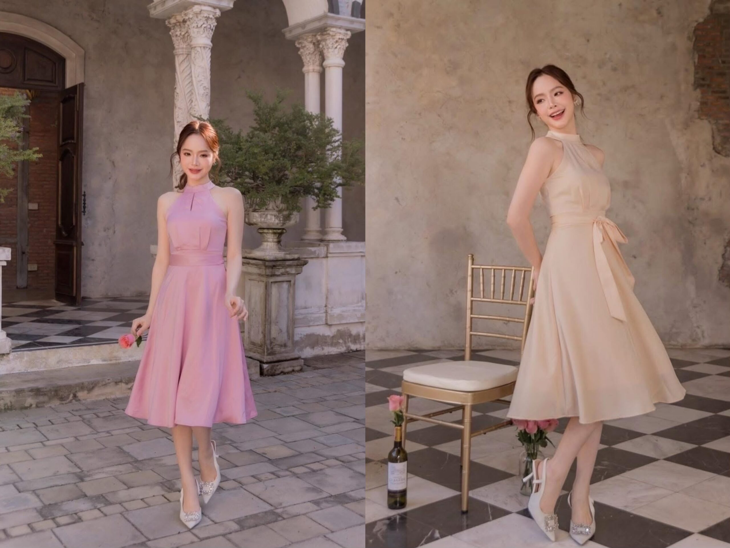 ชุดไปงานแต่งริมทะเลเปิดไหล่มาในลุคเรียบหรู