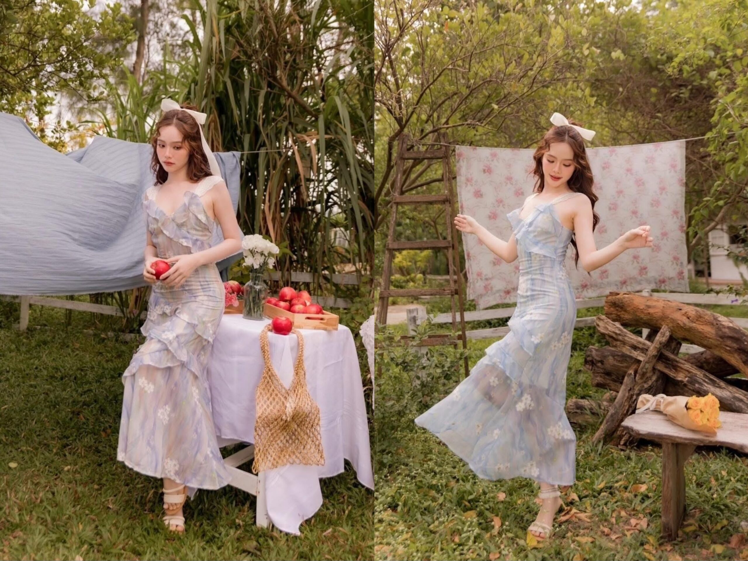 ชุดไปงานแต่งริมทะเลกระโปรงยาวแต่งเป็นชั้น