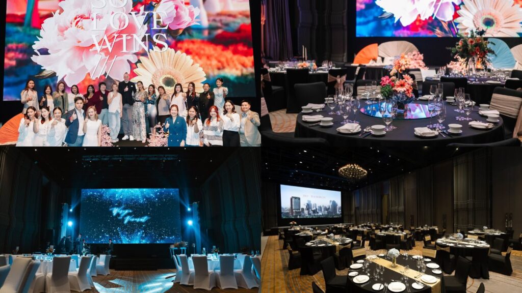 แต่งงานในห้องจัดเลี้ยงที่มีจอ LED ขนาดใหญ่ที่โรงแรมโซ แบงคอก