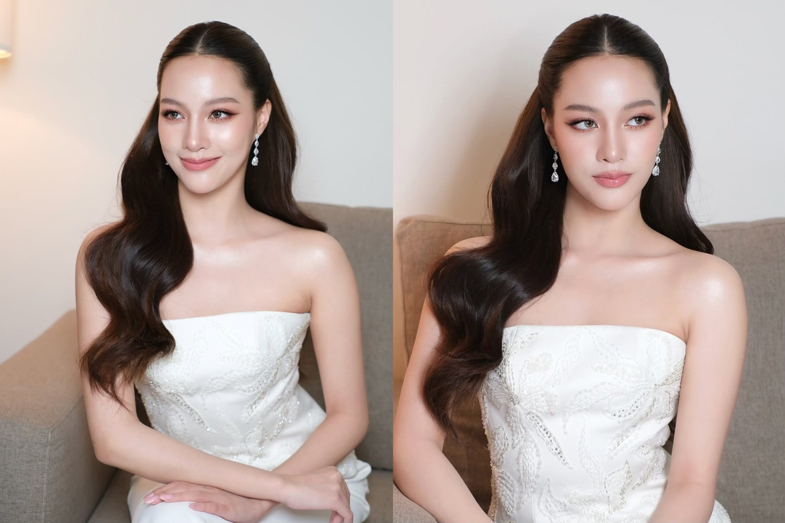 ทรงผมเจ้าสาวแบบปล่อยรวบครึ่งหัวดัดลอน