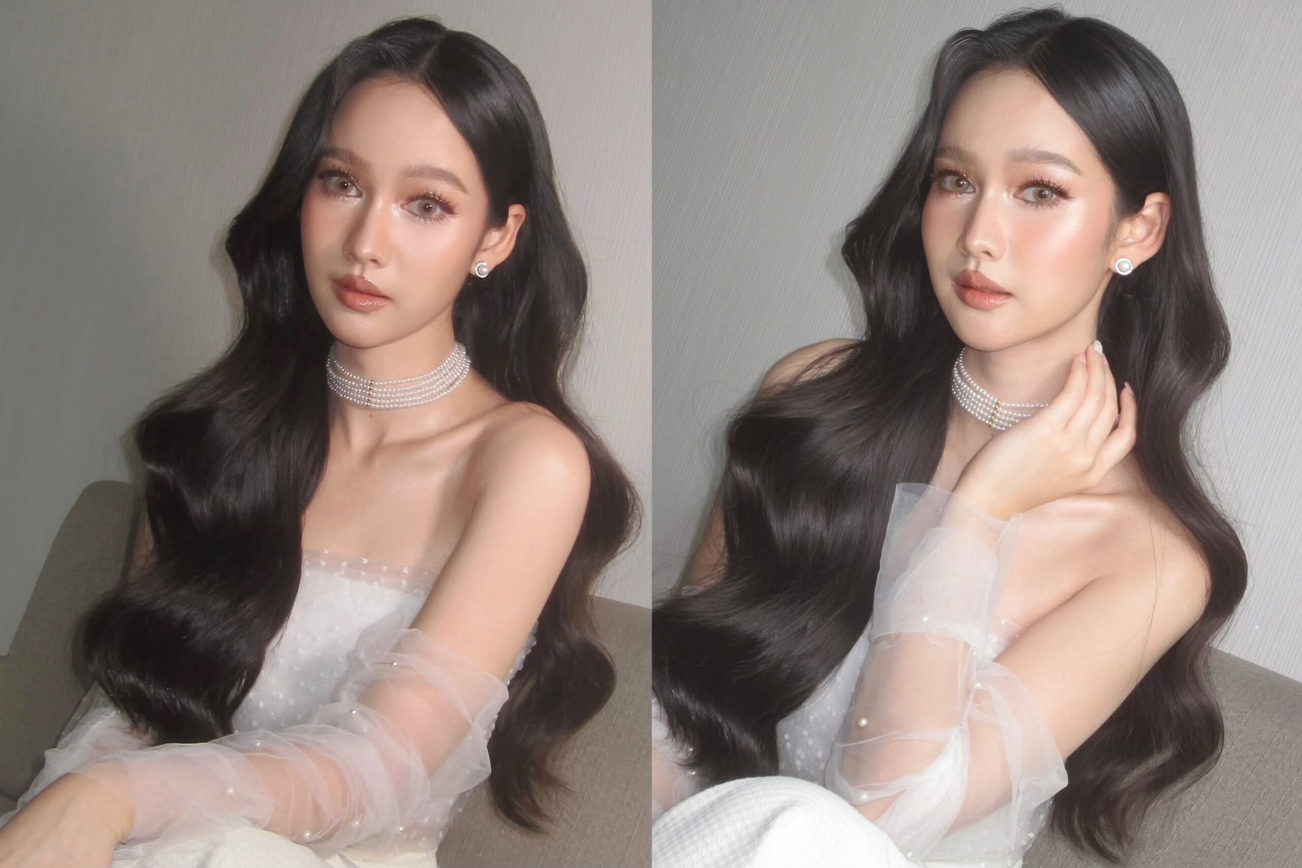 ทรงผมเจ้าสาวแบบปล่อยยกผมหน้าตีคลื่นลอนใหญ่