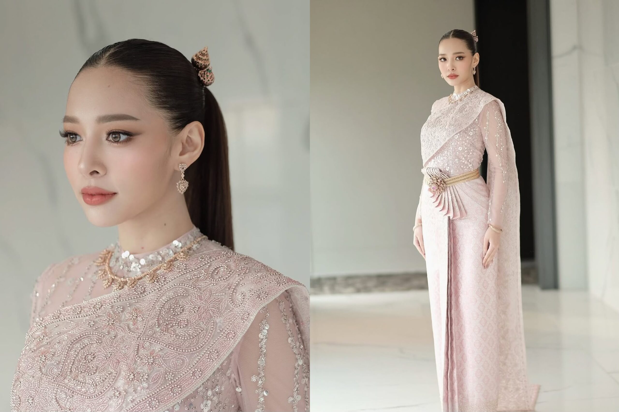 ทรงผมเจ้าสาวแบบปล่อยรวบหางม้าติดปิ่นปักผม