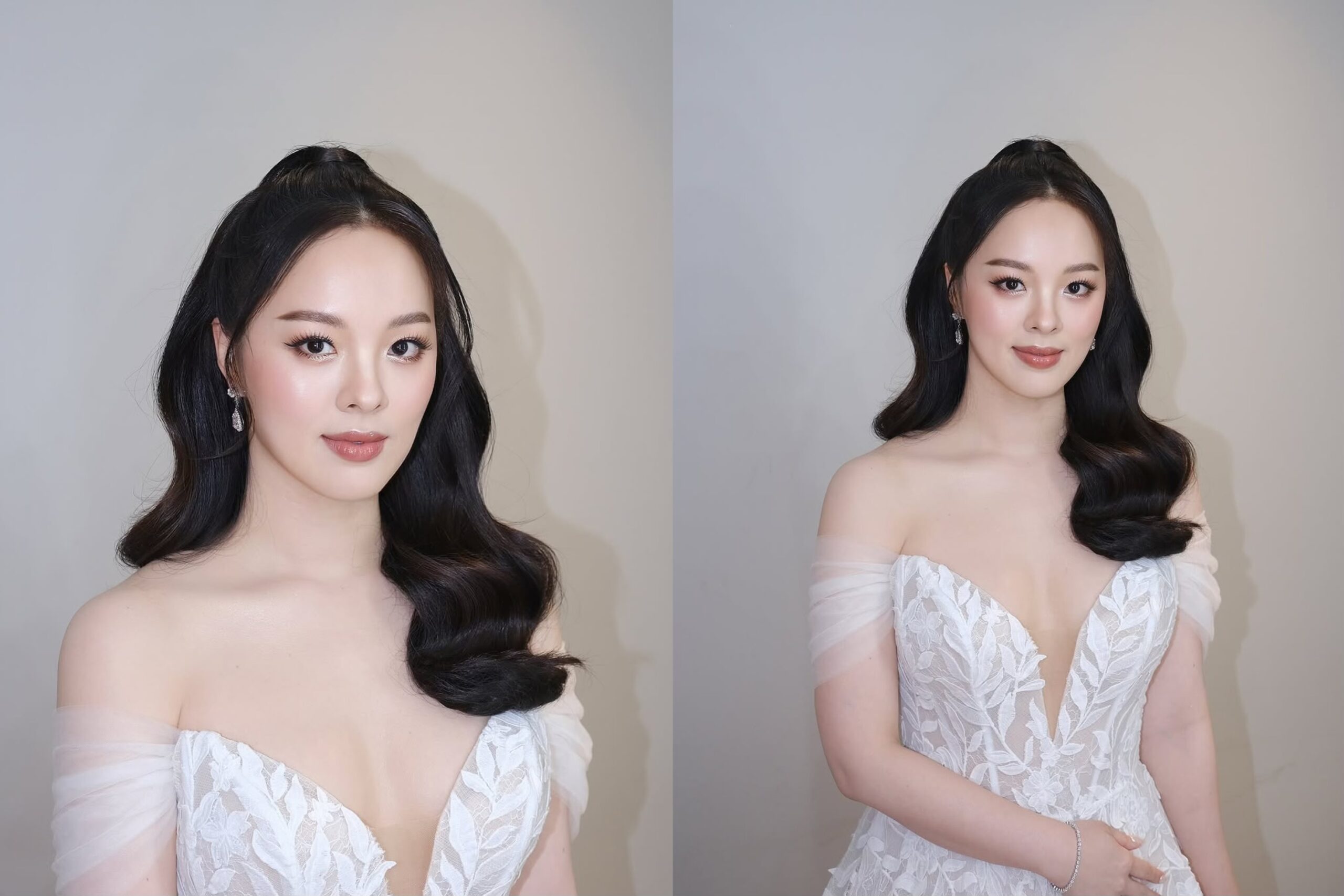 ทรงผมเจ้าสาวแบบปล่อยมัดยกและปล่อยลอนมาข้างหน้า