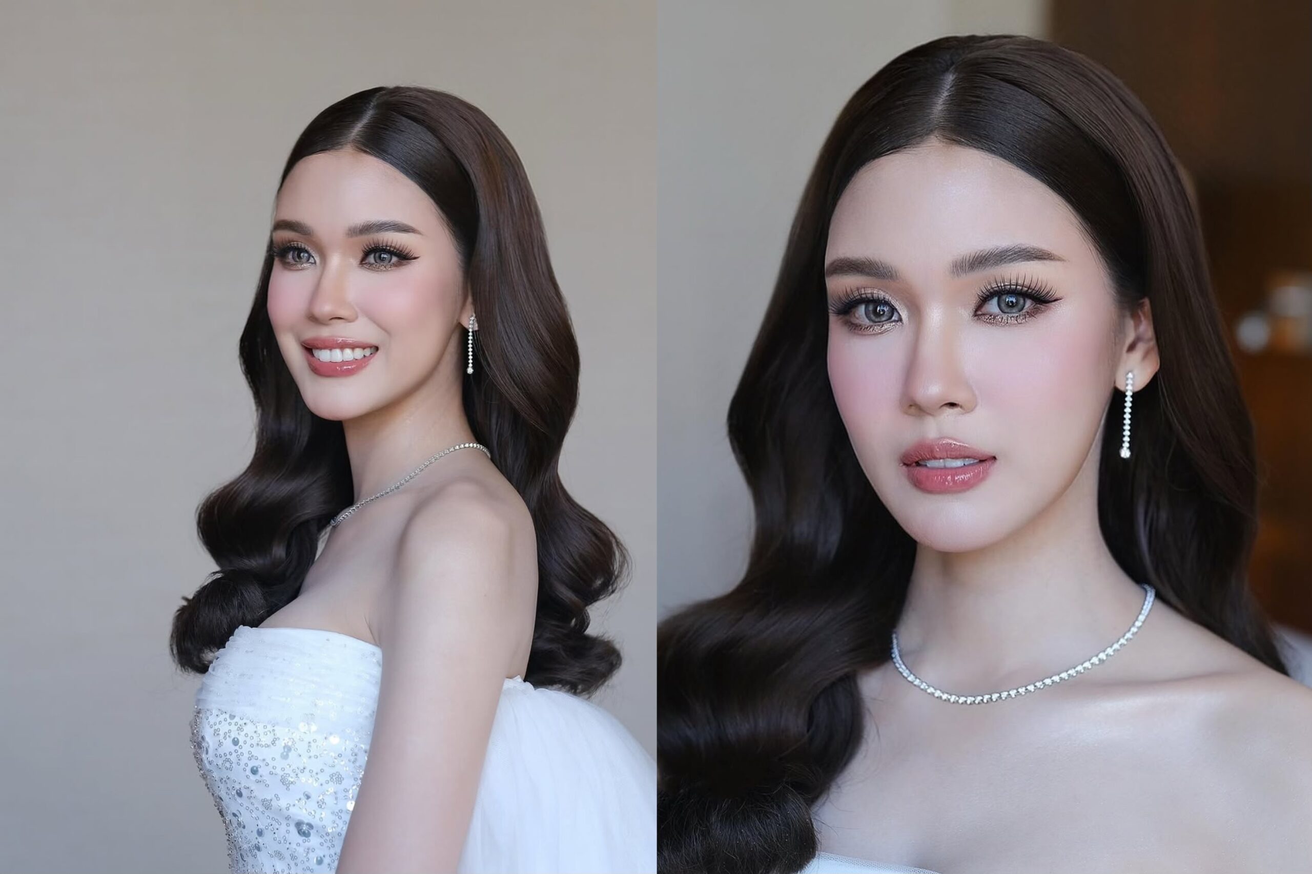 ทรงผมเจ้าสาวแบบปล่อยเรียบครึ่งหัวและยาวลอน