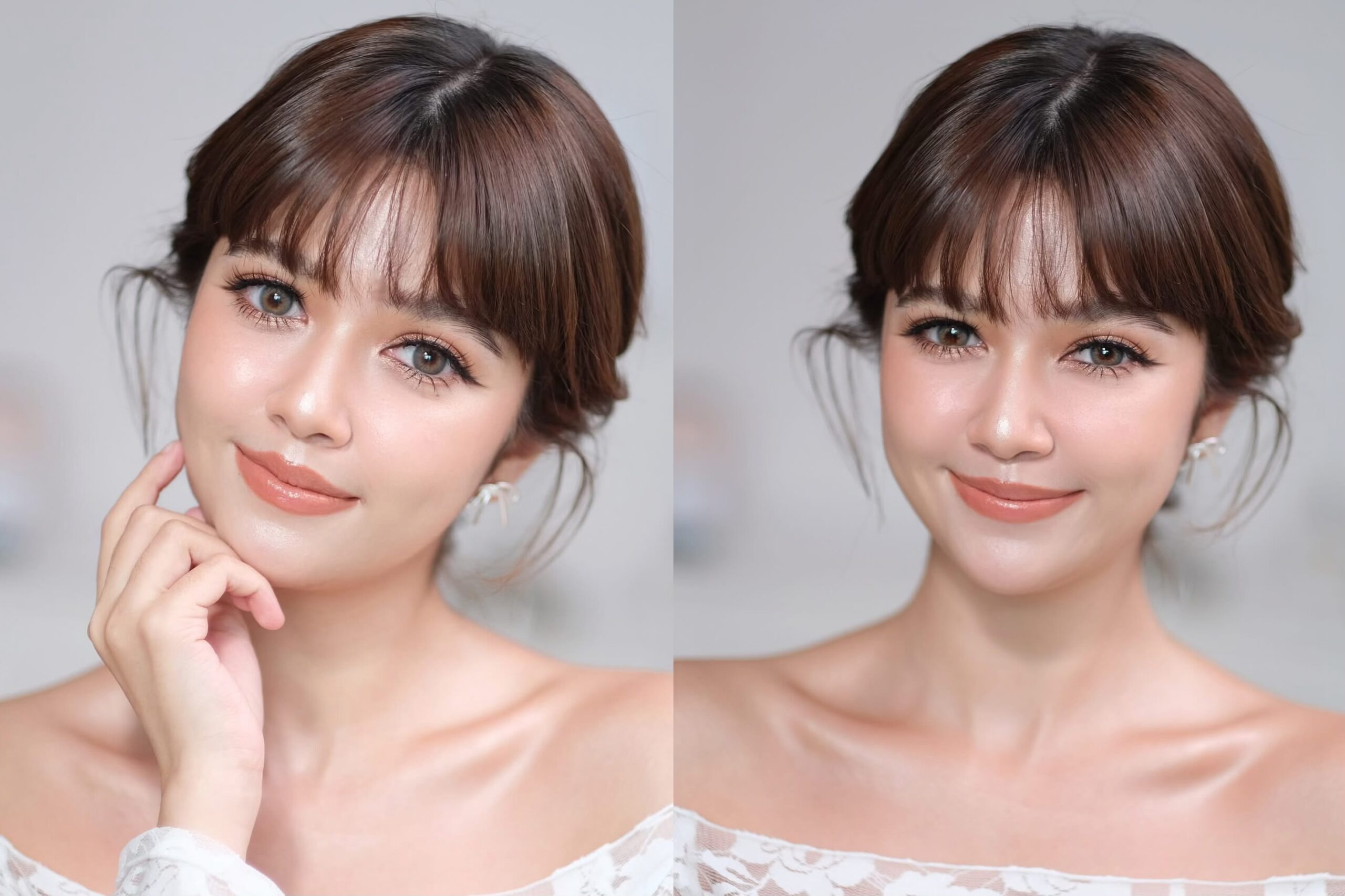 ทรงผมเจ้าสาวหน้ากลมทำเองแบบมีหน้าม้าช่วยให้หน้าเด็ก