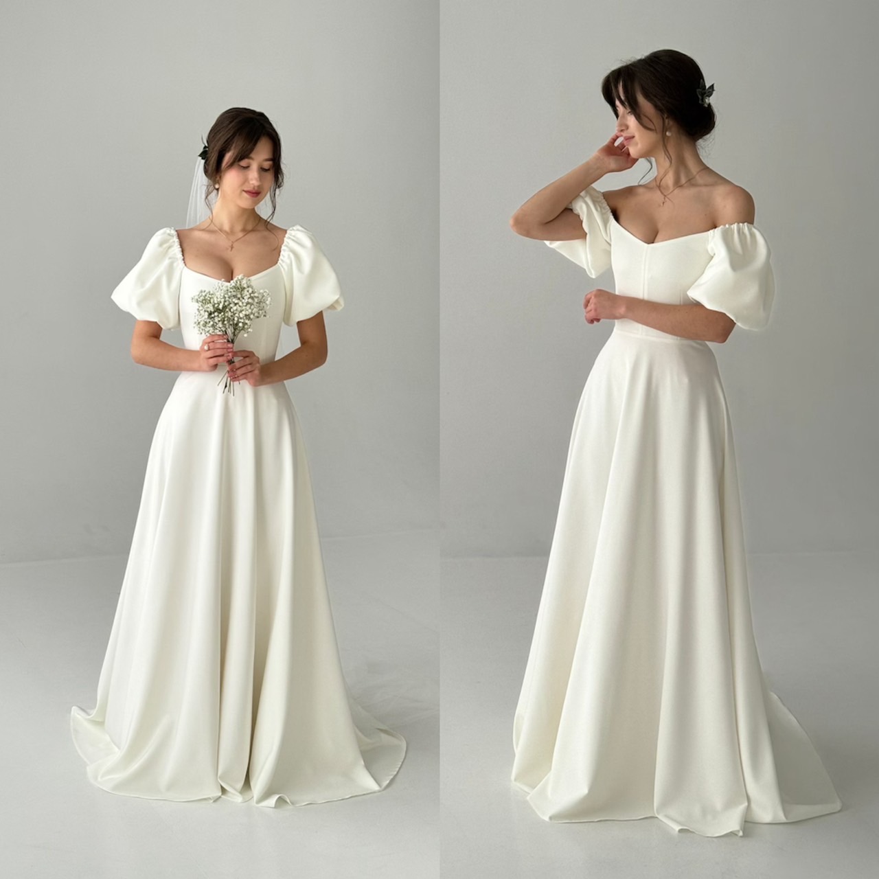 ชุดเจ้าสาวในสวนแขนตุ๊กตาที่เหมาะกับคนไหล่กว้าง