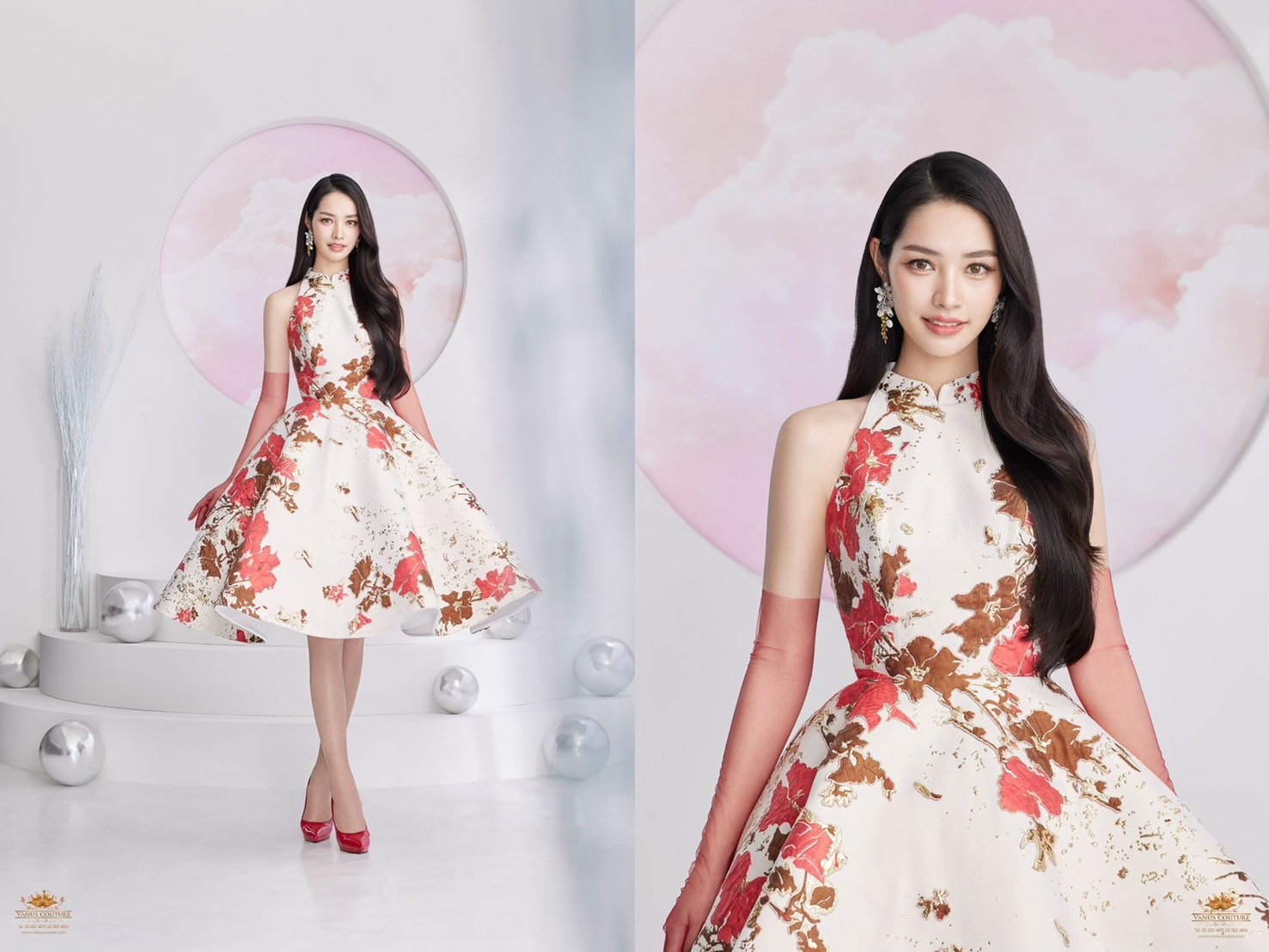 ชุดยกน้ำชาเจ้าสาวลายดอกไม้สีแดงสีทอง