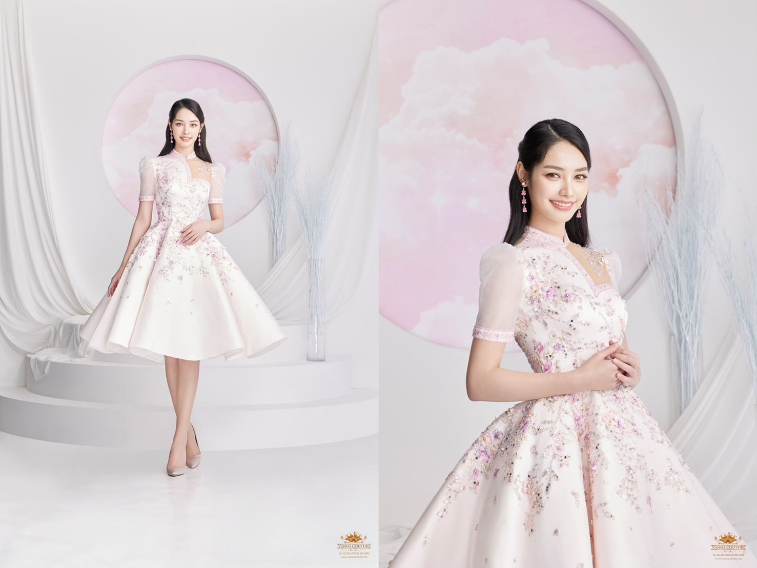 ชุดยกน้ำชาเจ้าสาวสีครีมปักมุก