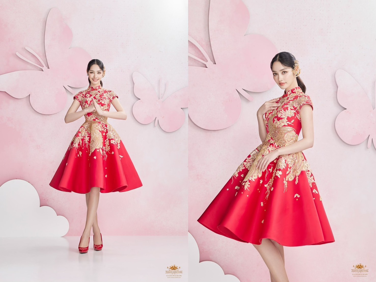 ชุดยกน้ำชาสีแดงสดแบบกี่เพ้า