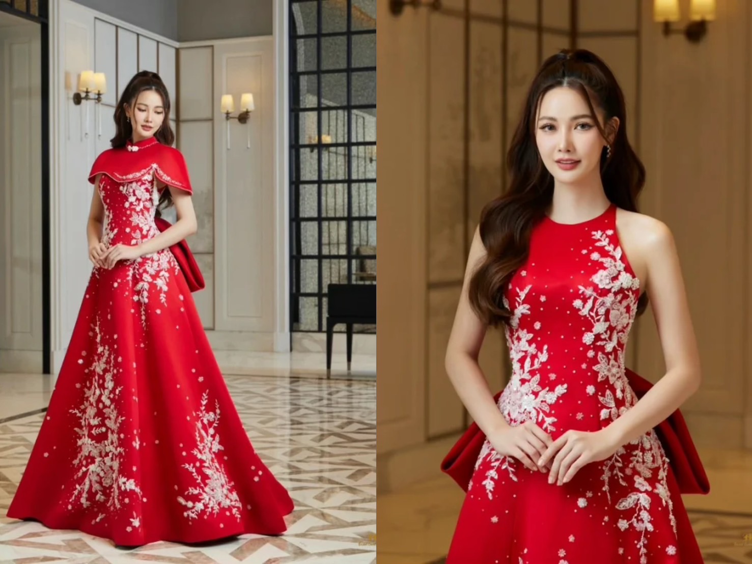 ชุดยกน้ำชาเจ้าสาวเดรสยาวสีแดง Coral