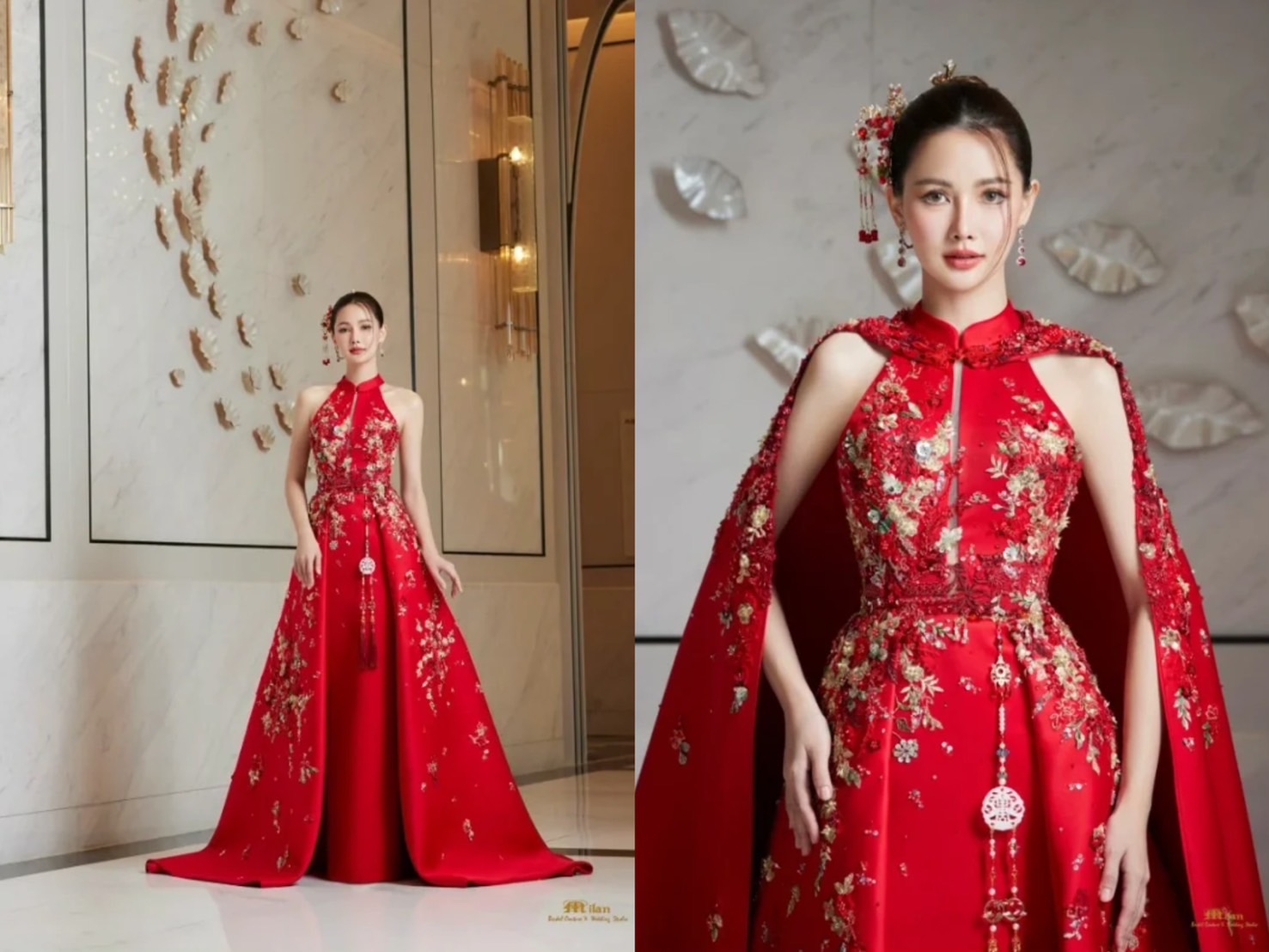 ชุดยกน้ำชาเจ้าสาวเดรสยาวสีแดงอมส้ม