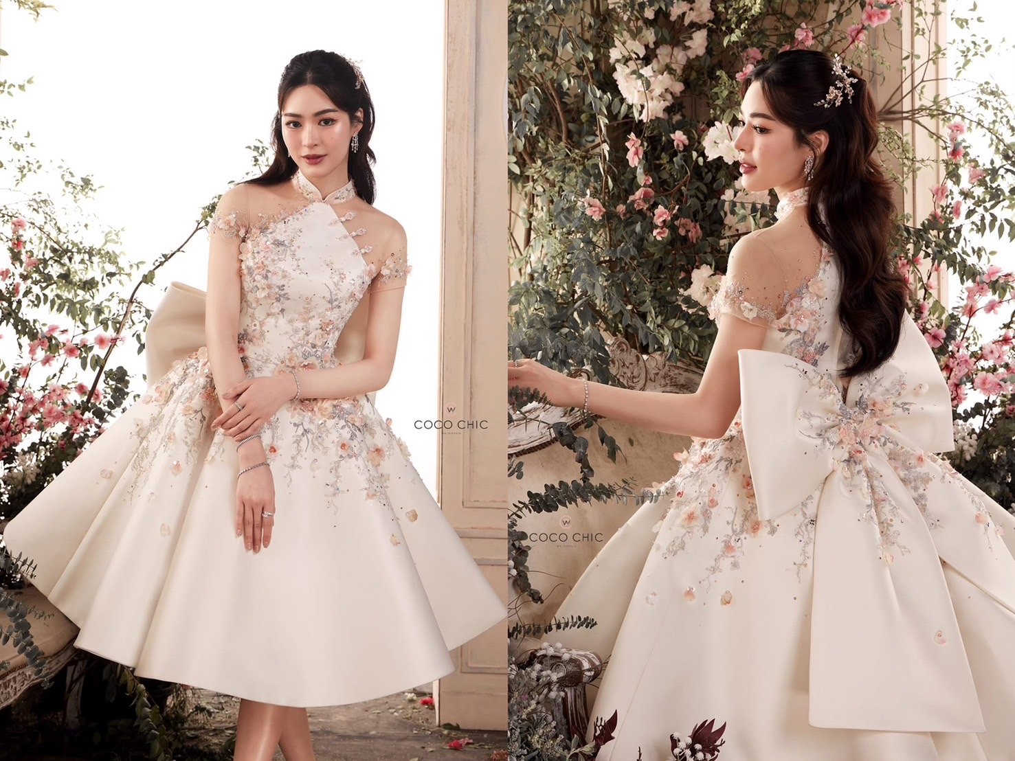 ชุดยกน้ำชาสีขาวคอจีนแบบเฉียงติดโบว์ใหญ่