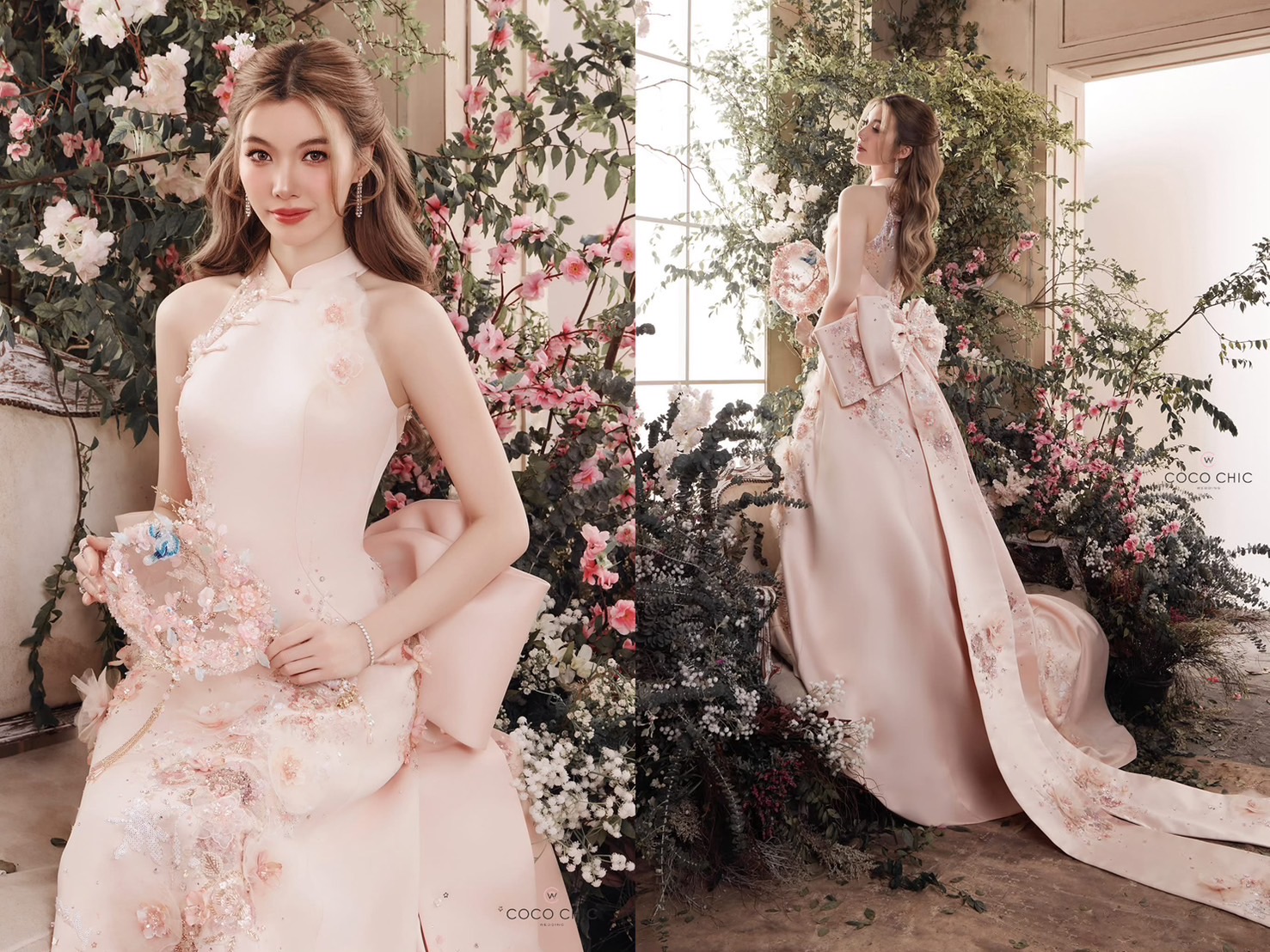 ชุดยกน้ำชาเจ้าสาวเดรสยาวเปิดไหล่ เน้นรูปร่าง