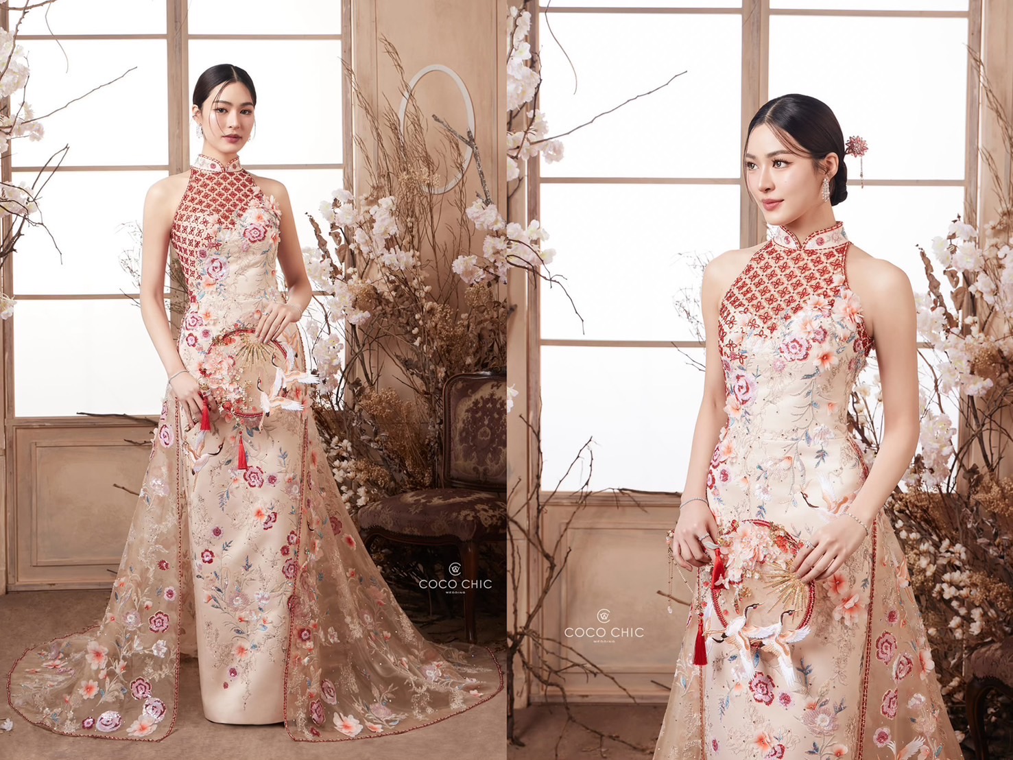 ชุดยกน้ำชาเจ้าสาวสีเบจปักลายสีสันสดใส